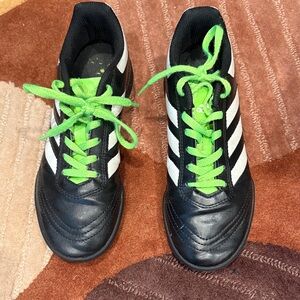 adidas Kids Black Sneakers with White Stripes and Neon Green Laces